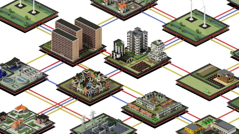 A graphic illustration. You can see different landscape elements that are all connected.