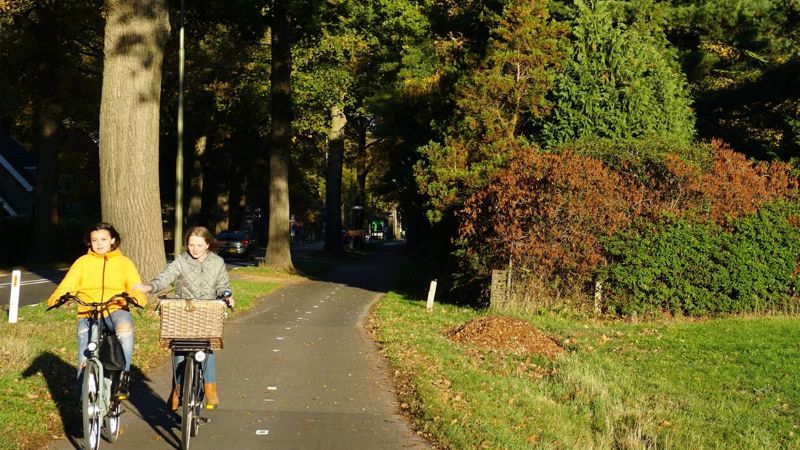 A photo of 2 young children riding their bicycles along an asphalted bike path next to a road.