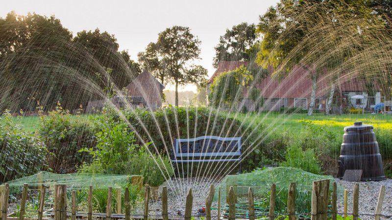 Photo of a garden where a sprinkler is watering the garden.