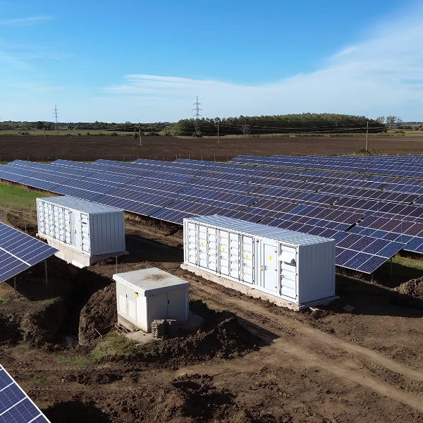 Field with solar panels and energy storage