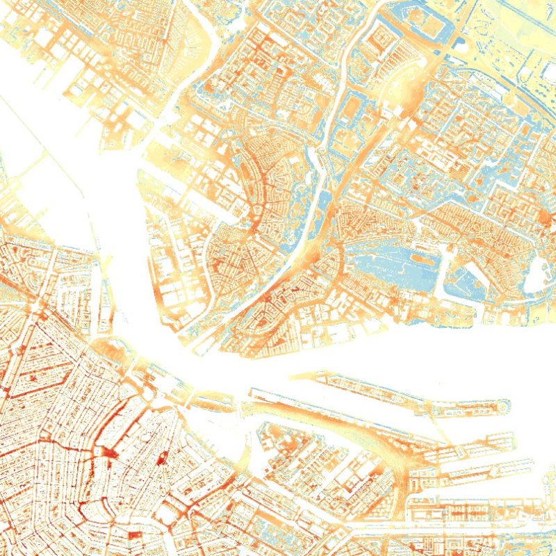 Kaart van Amsterdam waarop de temperaturen in verschillende gebieden worden aangeven.