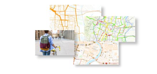 Collage of different images: a cyclist, a map with bottlenecks and a map with the crowds.