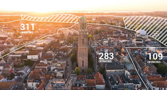 An aerial photograph of Zwolle. Neighbourhoods are marked and there is text about how many opinions there are per neighbourhood. 